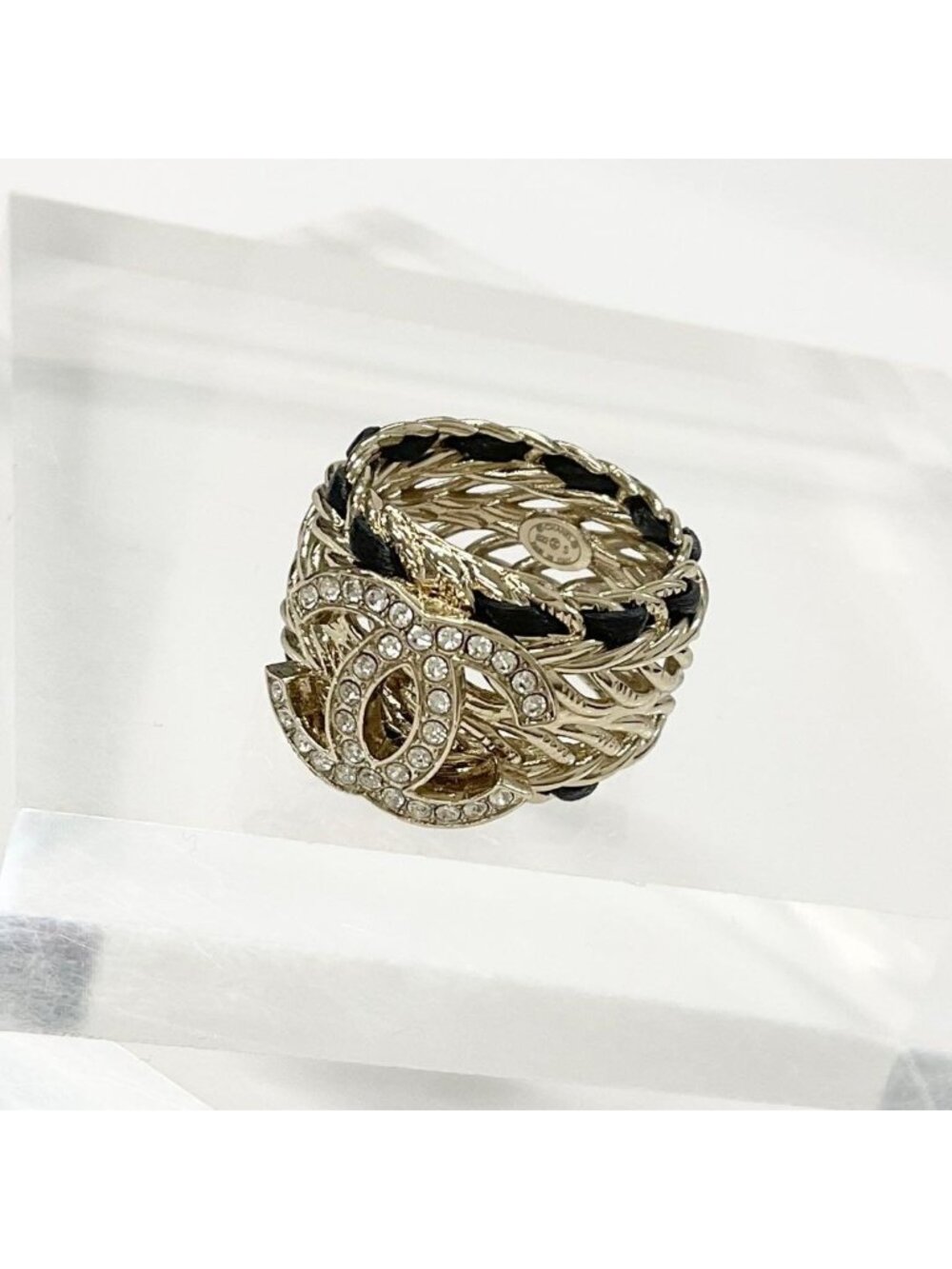 Chanel CC Logo Rhinestone Leather Ring Gold